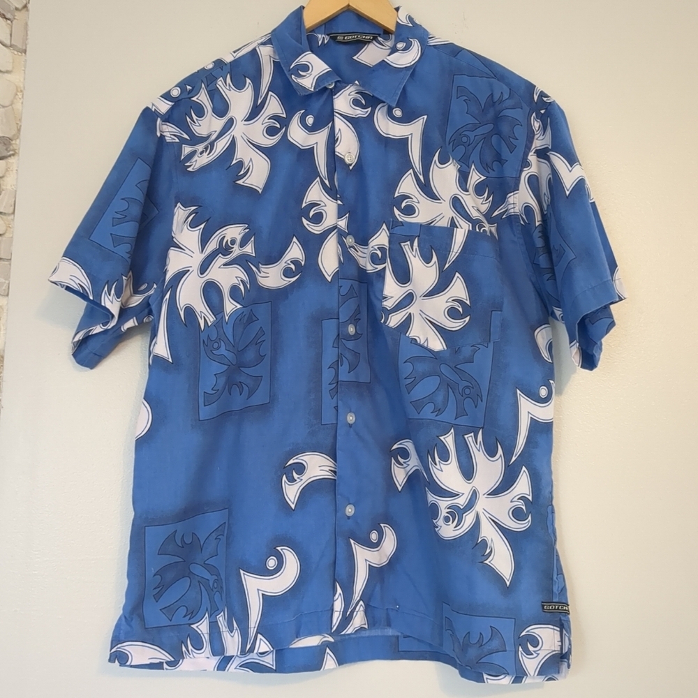 Gotcha Button Down Shirt Mens Large Blue/White Short Sleeve Surfer Cotton Blend